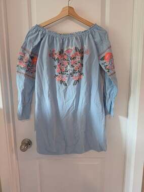 Rebellion Again Blue Off Shoulder Embroidered Peasant Dress Boho Floral Tunic S